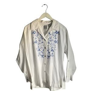 Vintage Russ Sport 100% Cotton White Button Down Shirt Western Boho Cottage sz M